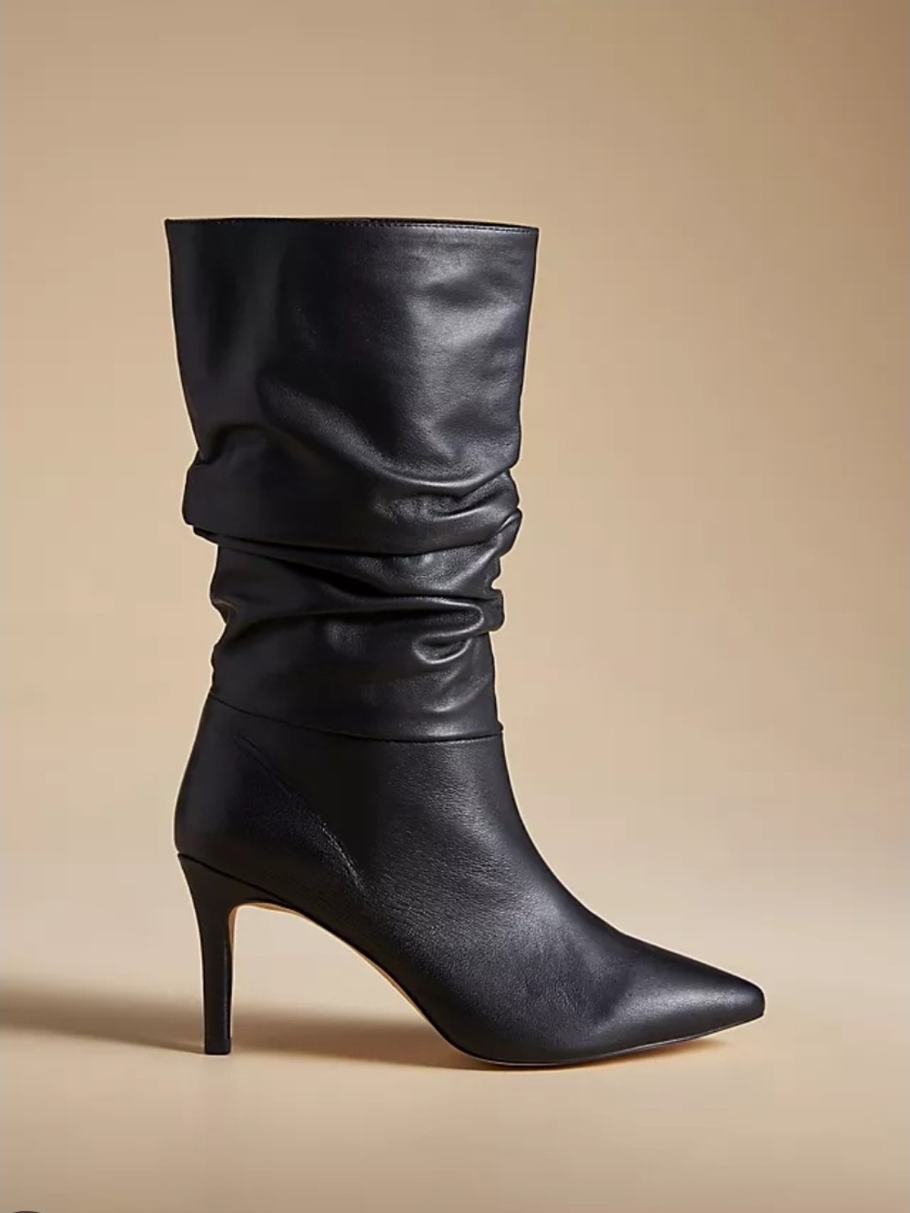 Silent D Bolla Scrunch Boots Black Leather Mid-Calf Pointed Toe Stiletto Sz 10.5